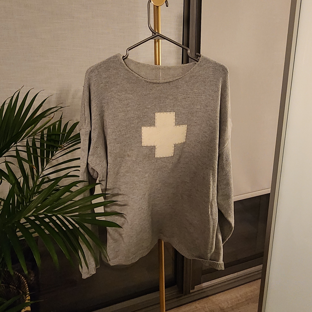 Gray Sweater with White Cross Design